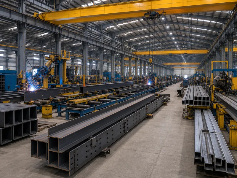 Steel fabrication shop producing church building frames on H-beam and purlin