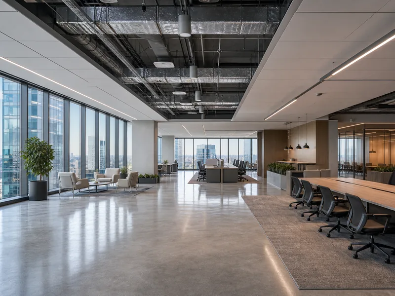 Open column-free office floor with floor-to-ceiling glazing and a flexible layout
