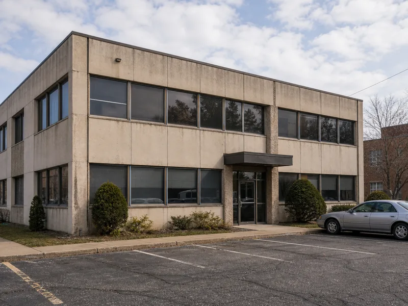 Aging low-rise office building with a dated facade in a secondary location