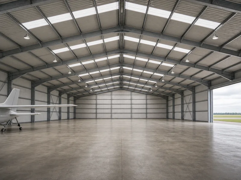 Column-free clear-span interior of a steel hangar with rigid frame overhead