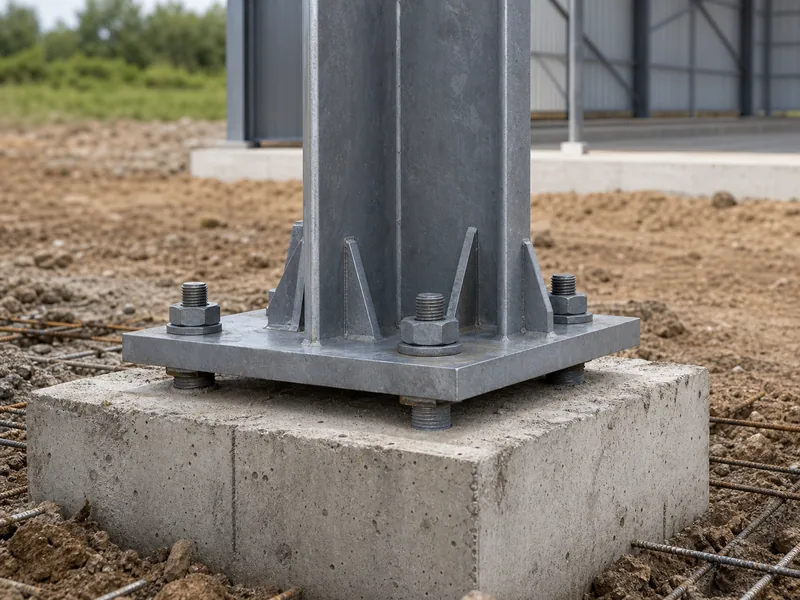 Engineered footing and base plate detail at a clear span frame leg