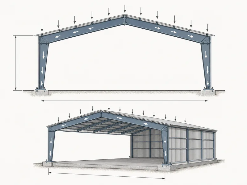 Clear span rigid frame carrying roof load to the sidewall base plates