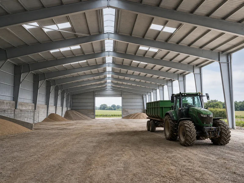 Steel rigid frame farm building with a column-free interior holding parked equipment