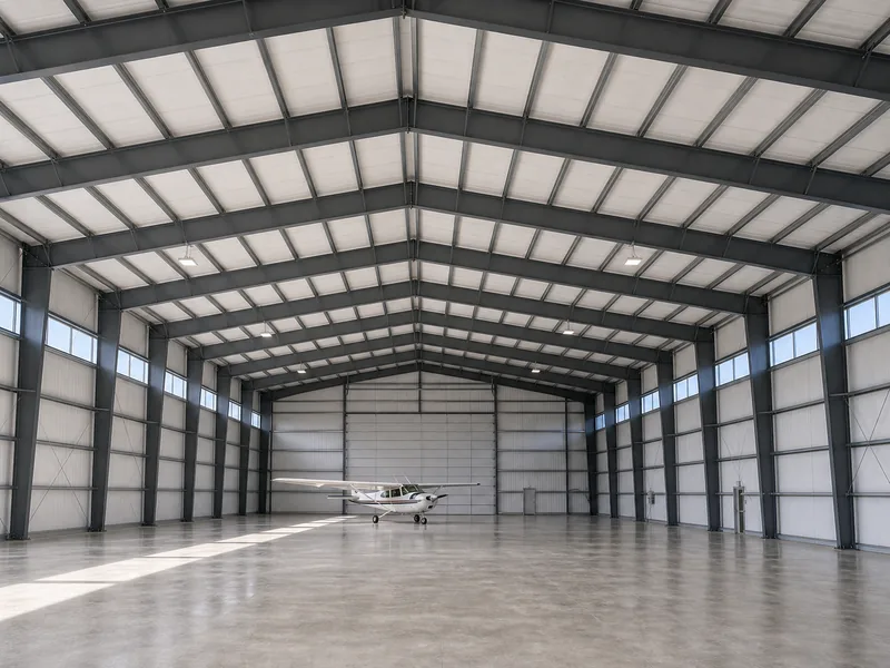 Interior sin columnas de un hangar de espacio libre, mostrando el rígido armazón de acero en la parte superior