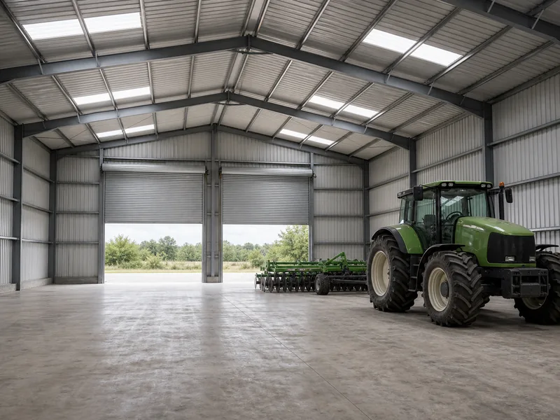 Column-free steel interior of a machinery storage shed