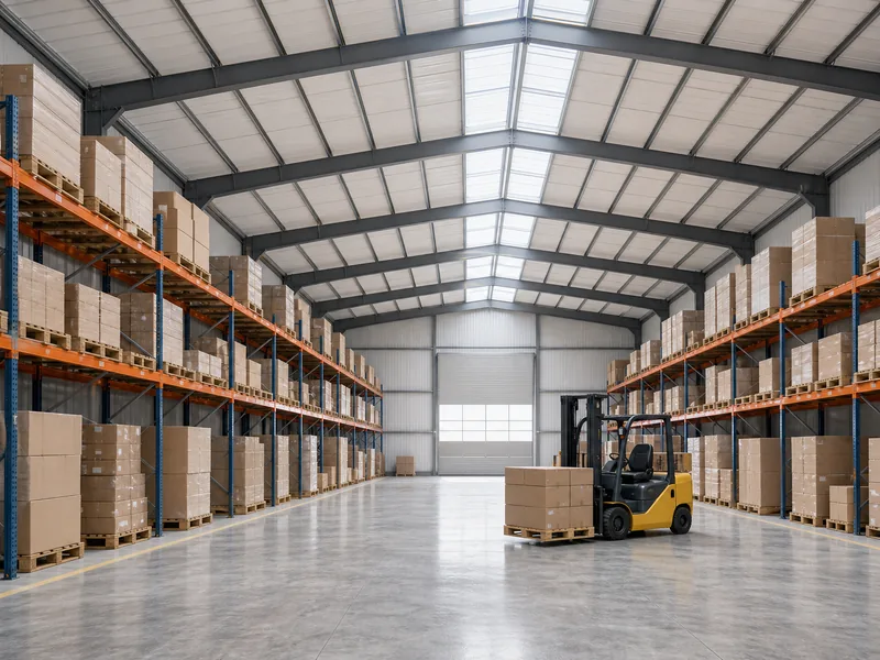 Column-free clear-span interior of a modular steel warehouse with pallet racking