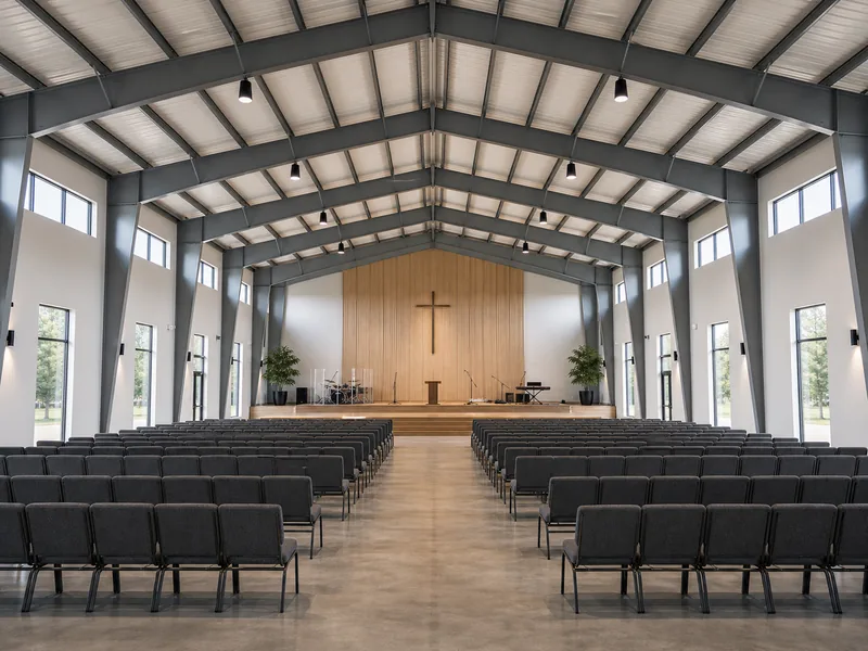 Pórtico rígido de acero de gran luz que forma una sala de culto sin columnas
