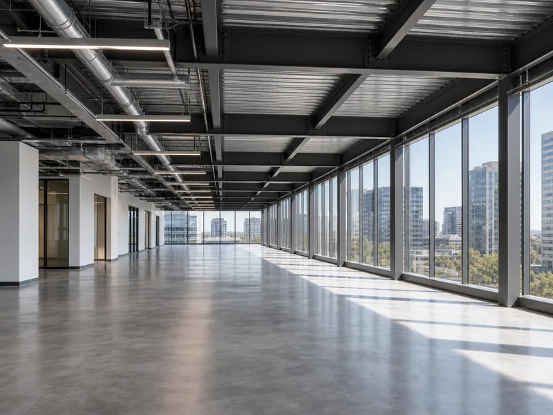 Column-free clear-span steel office interior with an open floor plate