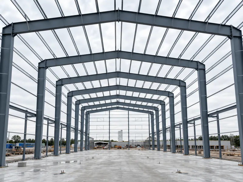 Steel portal frame and roof purlins spanning a column-free warehouse bay