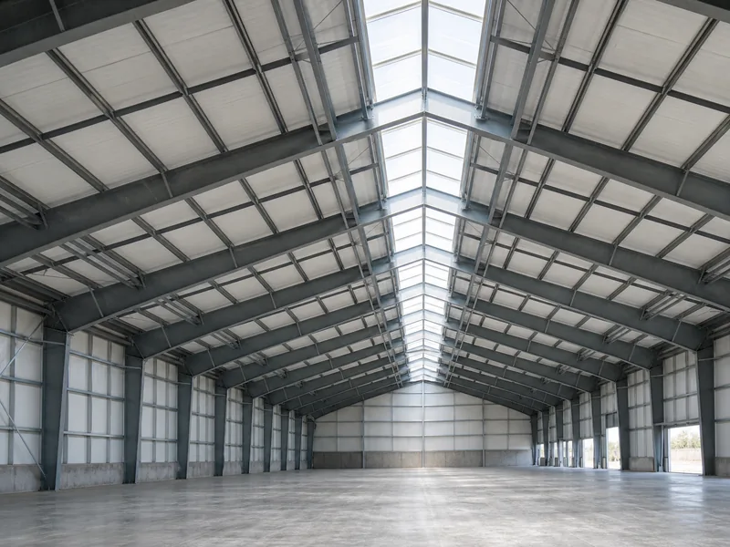 Clear-span steel frame and purlins above a column-free warehouse floor