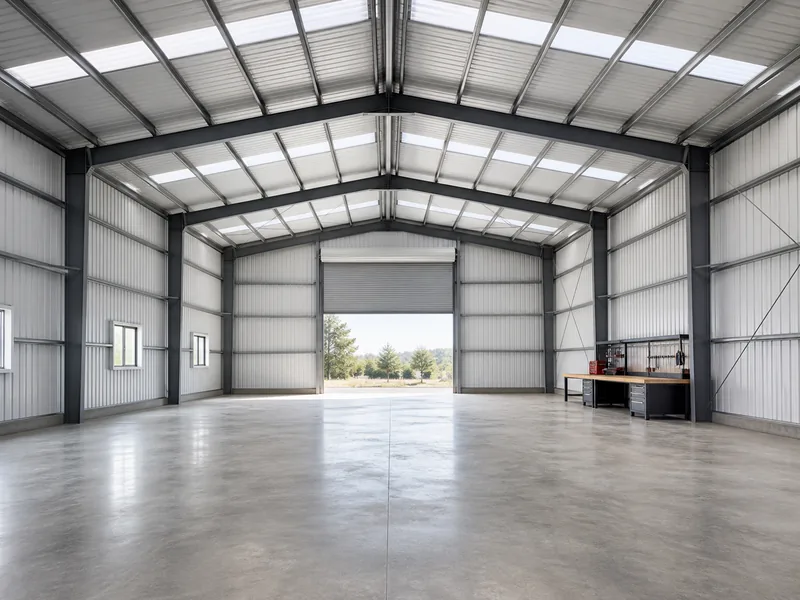 Interior de un taller sin columnas, con una estructura rígida de acero y correas de techo