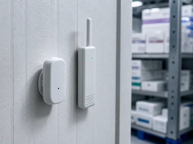 Wireless temperature sensor monitoring a pharmacy cold storage unit