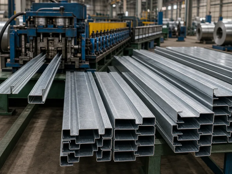 Cold-formed steel purlins roll-formed to length at a plant