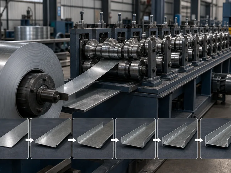 Roll-forming line shaping cold-rolled coil into steel studs