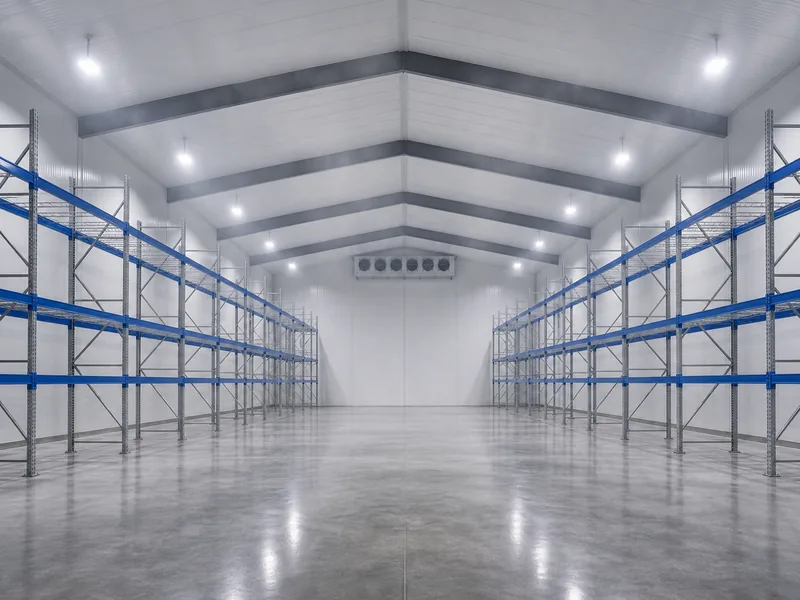 Column-free interior of a clear-span steel cold store