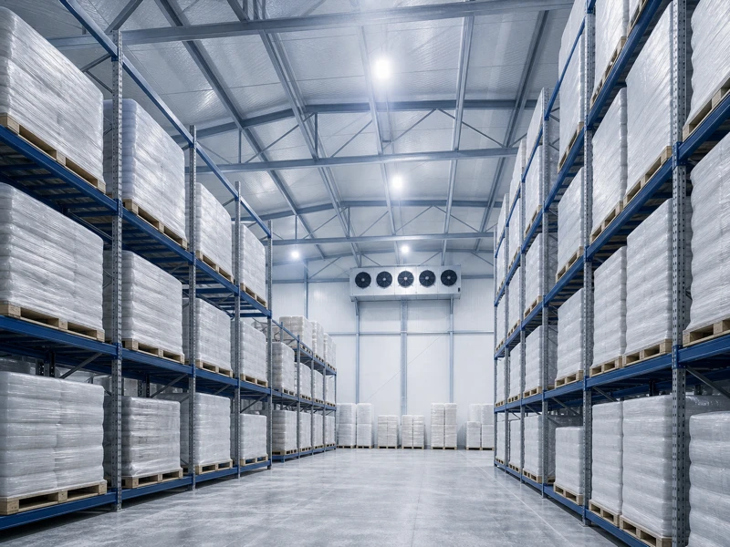 Racked refrigerated room inside an insulated steel cold storage building
