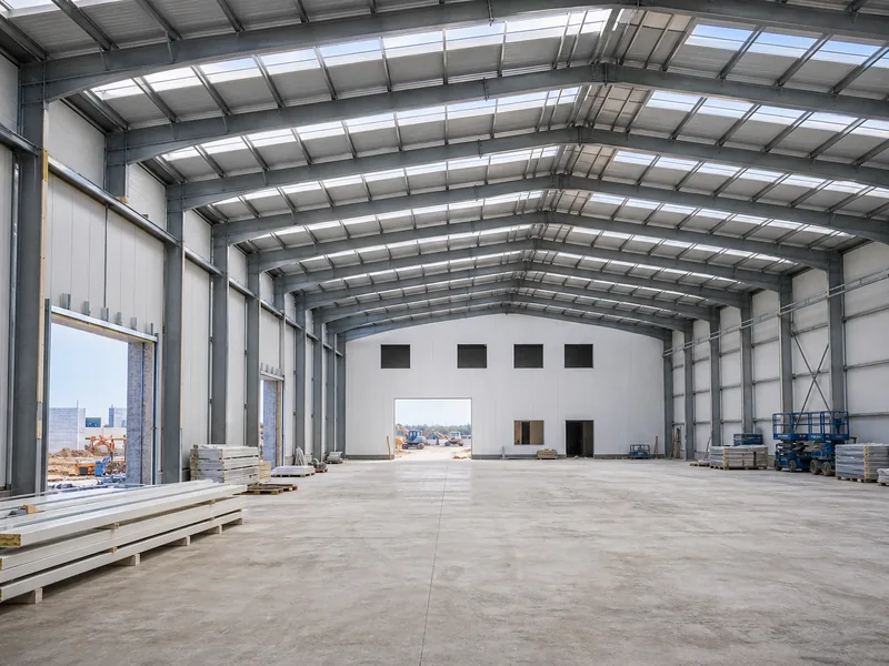 Clear-span steel frame and insulated metal panels of a cold storage building