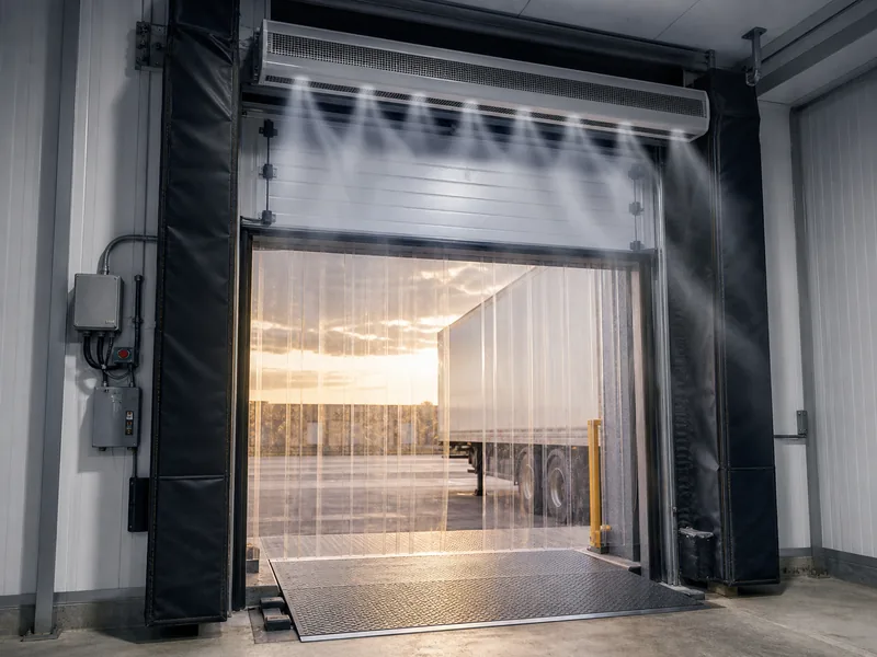 Sealed refrigerated dock door with an air curtain limiting warm air at the opening
