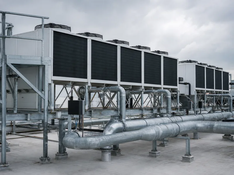 Evaporative condensers on the roof of a cold storage facility