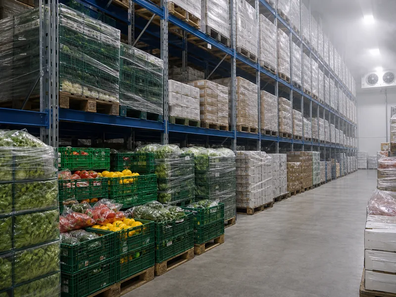 Palletized fresh produce and frozen goods in a chilled storage warehouse