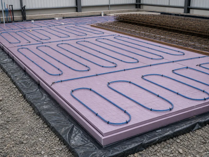 Under-slab heating loop over insulation board before a freezer slab pour