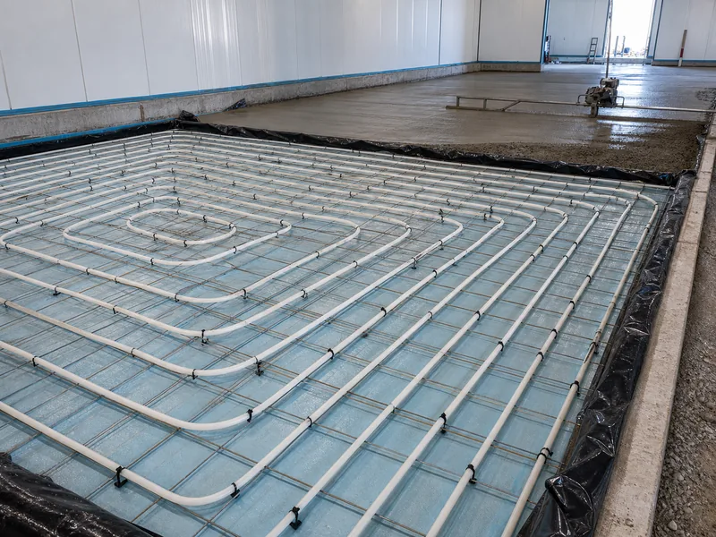Under-slab insulation and sub-slab heating loop laid before a freezer floor pour