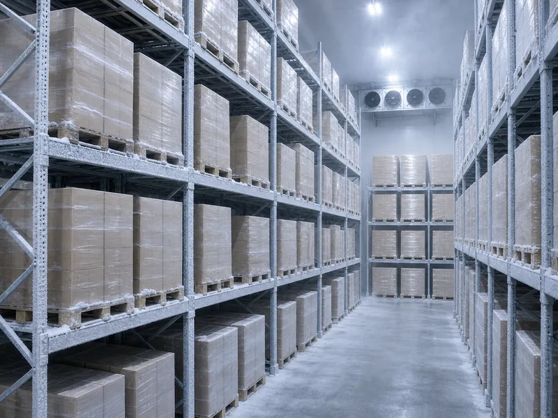 Palletized frozen goods on racking inside a low-temperature freezer room