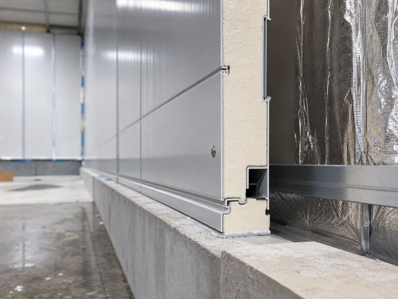 Insulated metal panel wall section with foam core and sealed joints in a cold store