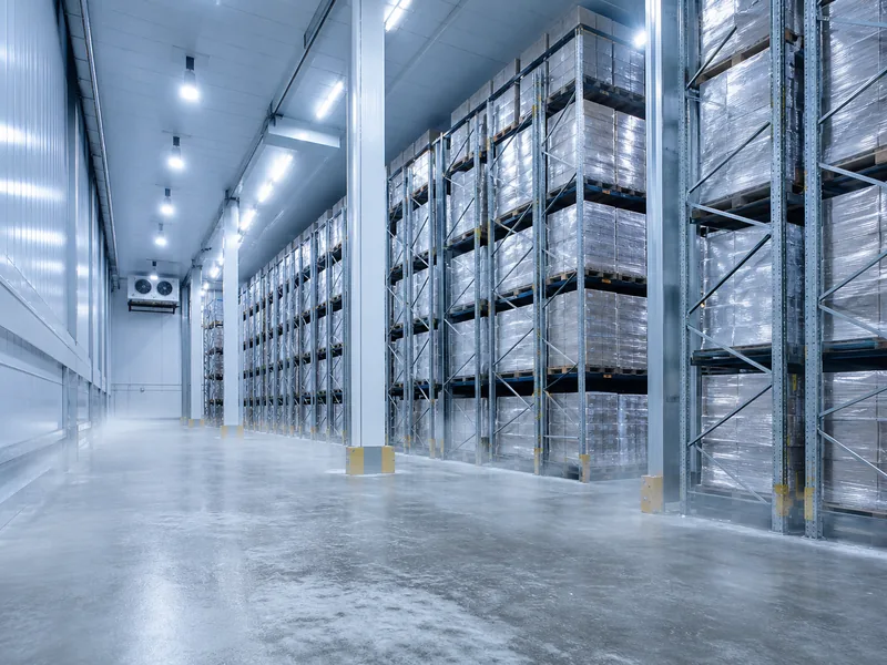 Interior com prateleiras de um armazém de armazenamento refrigerado sob iluminação LED