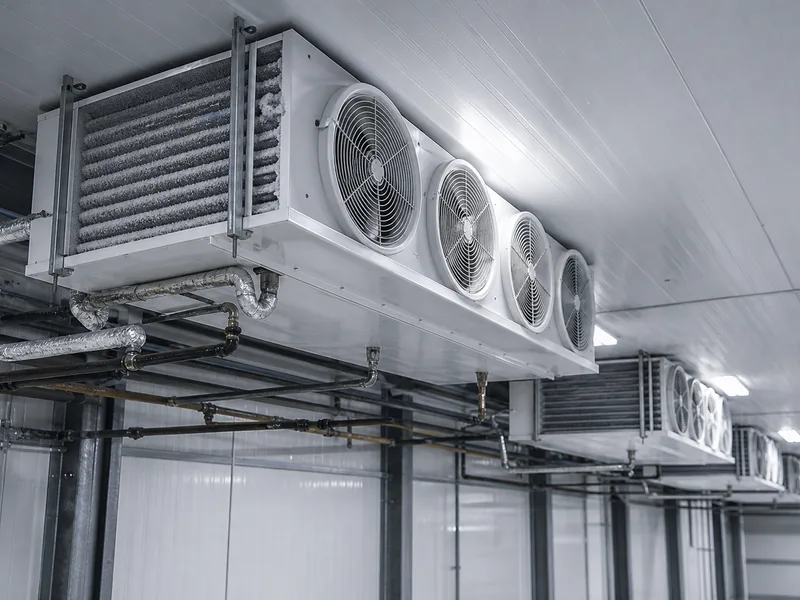 Ceiling-mounted evaporator units in a cold storage freezer room