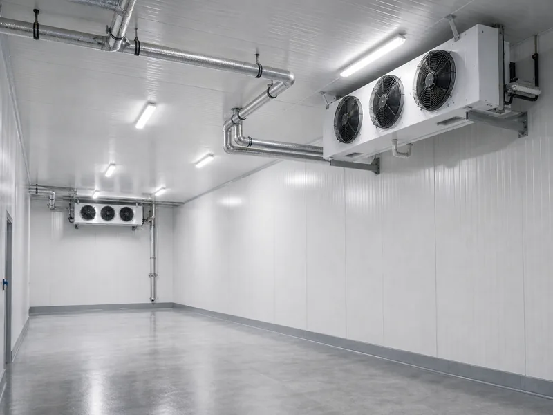 Ceiling-mounted evaporators and refrigerant piping inside a finished cold store