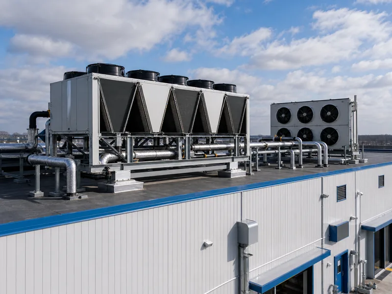 Rooftop refrigeration condensers and evaporators on a cold storage building
