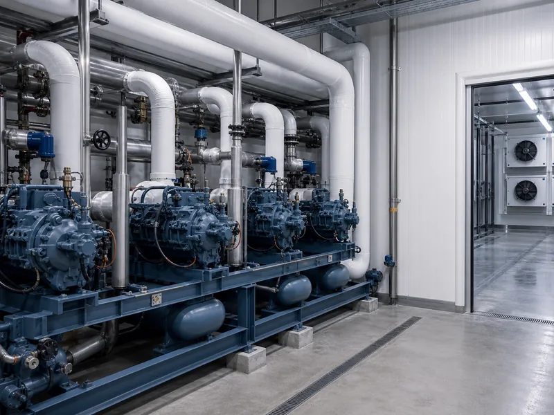 Industrial refrigeration compressors and condensers serving a cold storage warehouse