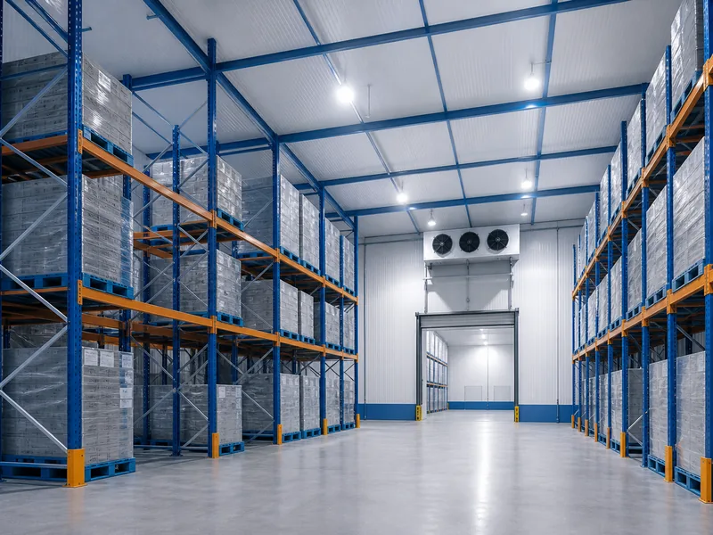 Rigid steel frame and insulated panel ceiling over high racking in a cold room