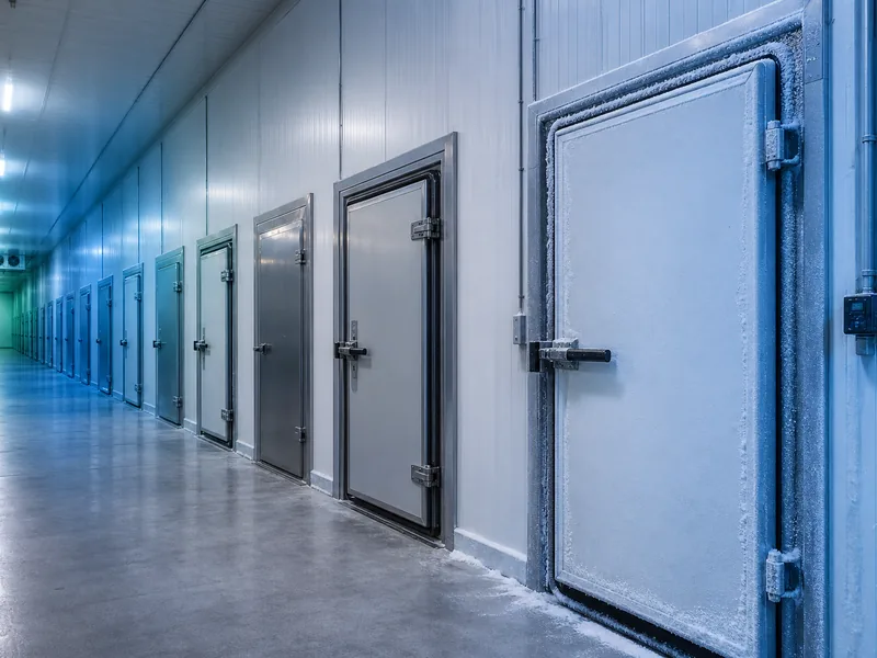 Row of insulated freezer doors marking separate cold storage temperature zones
