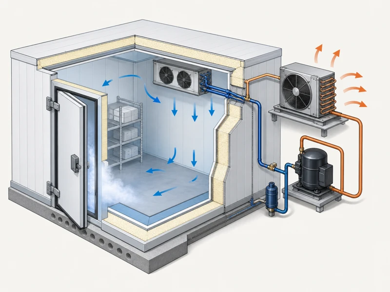Cutaway of an insulated panel shell and refrigeration system removing heat