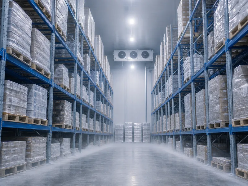 Frost-filled refrigerated warehouse interior with tall pallet racking
