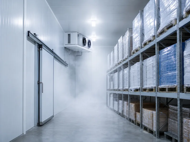 Insulated cold storage warehouse interior with sealed metal panels
