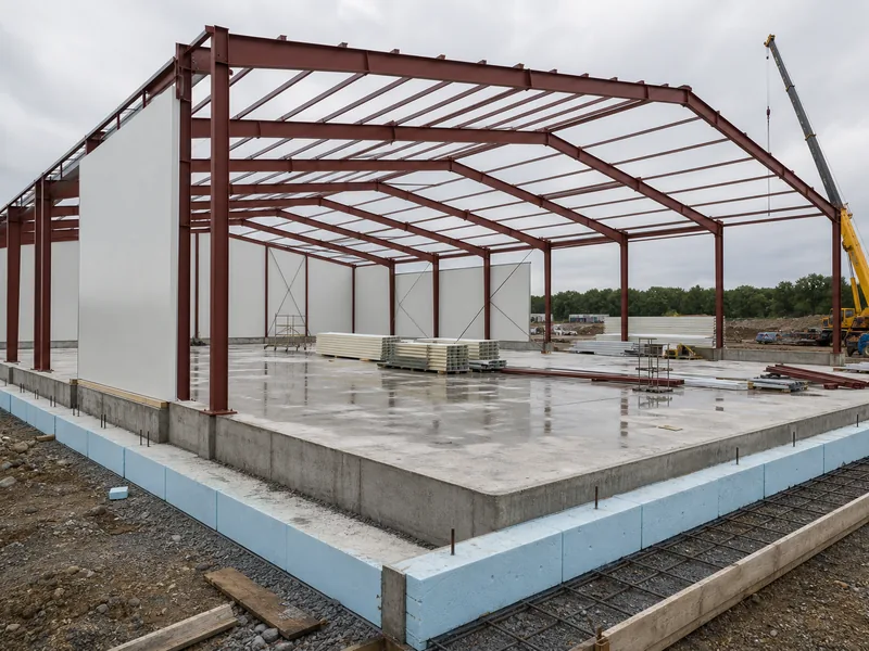 Steel frame and concrete slab during cold storage warehouse construction