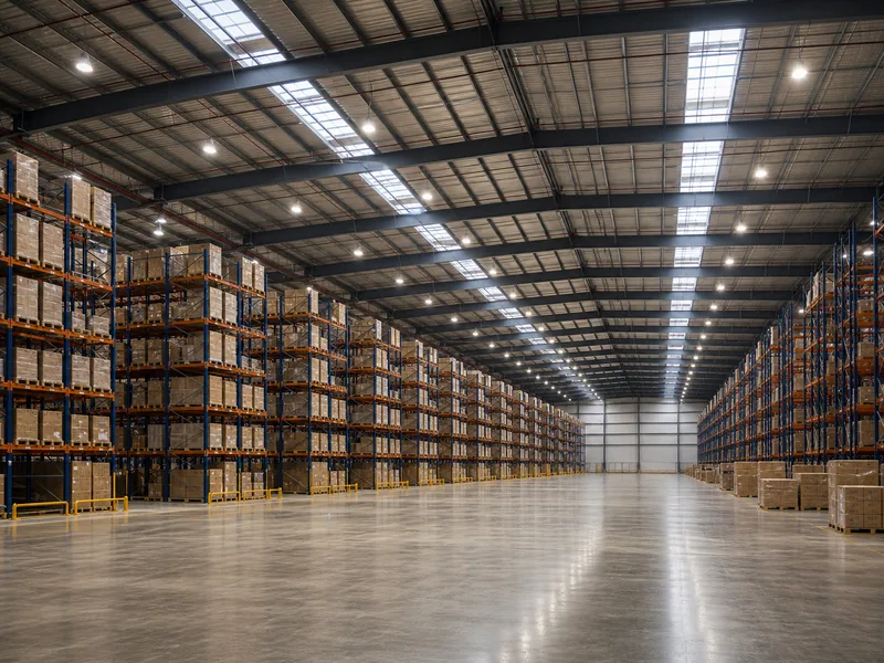 Column-free warehouse interior with tall pallet racking and open aisles