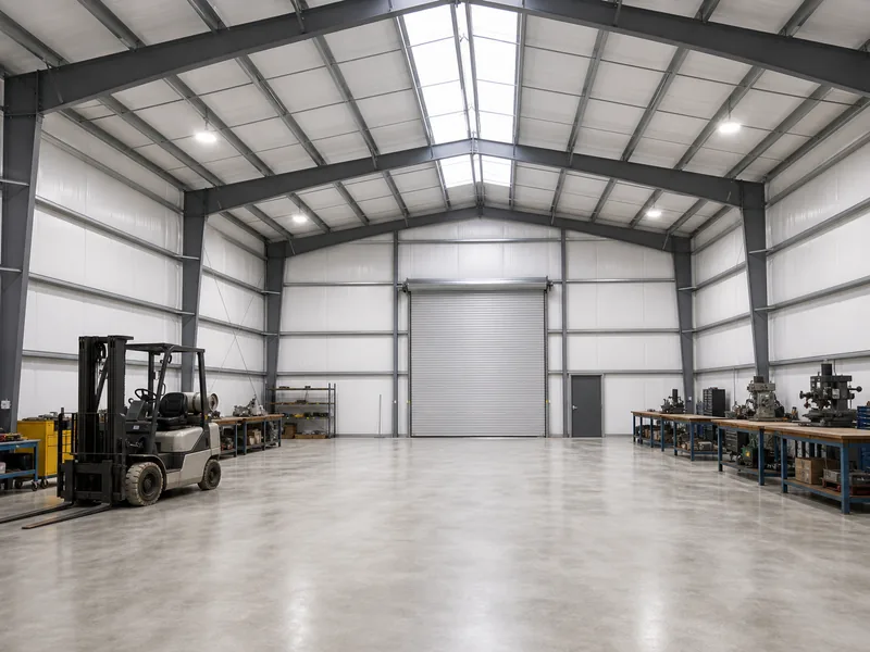 Column-free workshop interior with a clear-span steel frame over equipment bays