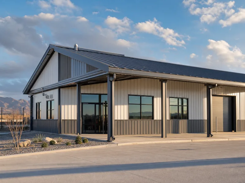 Insulated steel commercial building exterior with a standing seam metal roof