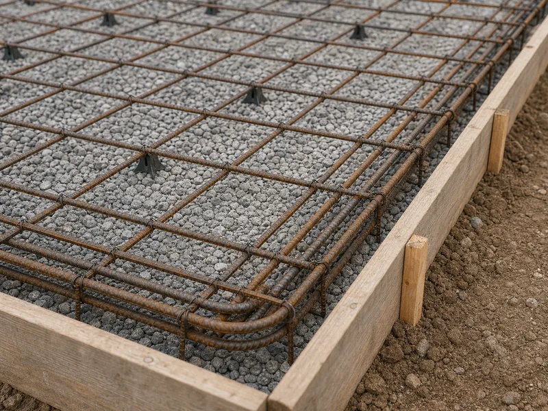 Grille d’armatures et barre périphérique doublée dans les coffrages avant le coulage de la dalle