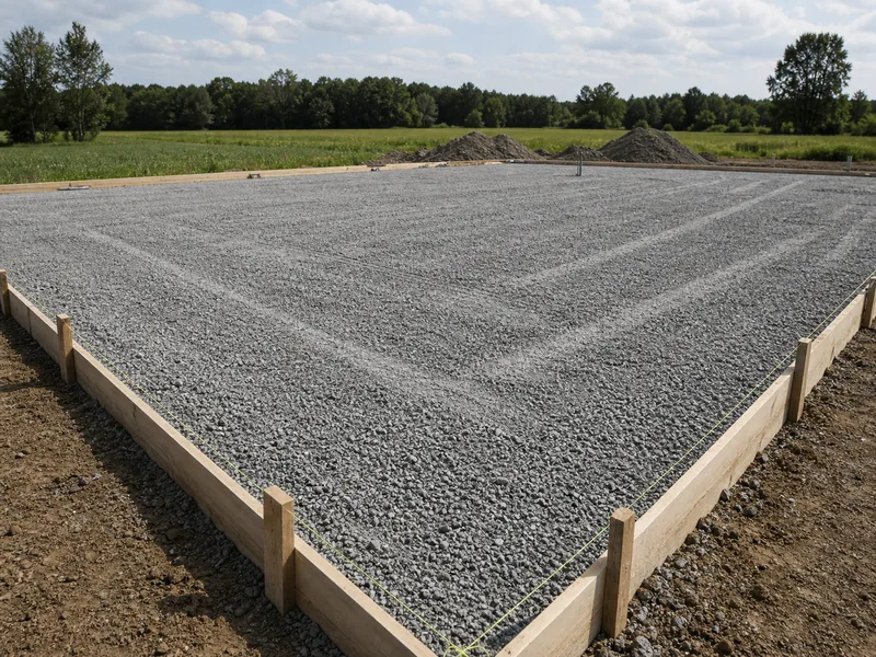 Sous-couche de gravier compacté et coffrages installés pour la dalle d’un bâtiment en acier