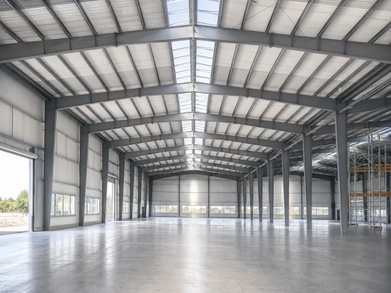 Open column-free interior of a clear-span steel building with overhead clearance for equipment and racking, illustrating usable interior space in container building vs steel building