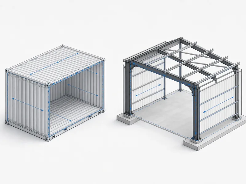 Cutaway comparison of a container monocoque box shell and an engineered steel building frame of columns and rafters, showing the structural difference behind container building vs steel building