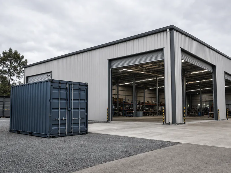 A small movable storage container beside a large permanent steel workshop, contrasting the use cases that decide container building vs steel building