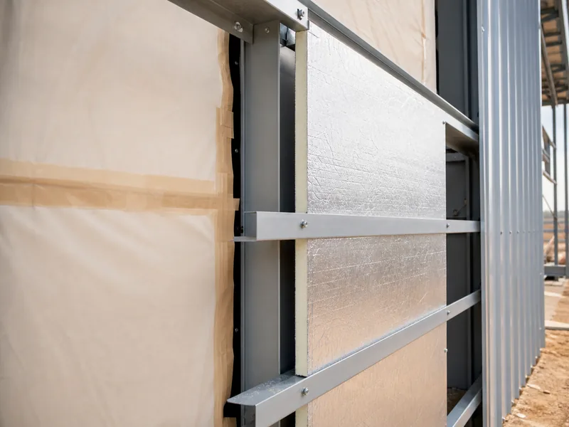 Wall girt with continuous insulation board and an air barrier outside the steel framing
