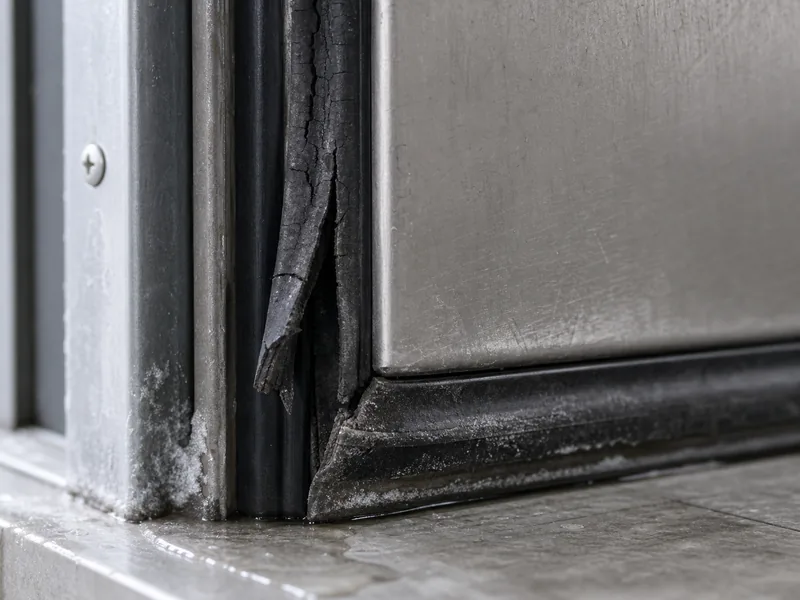 Worn rubber gasket along the edge of a coolroom door