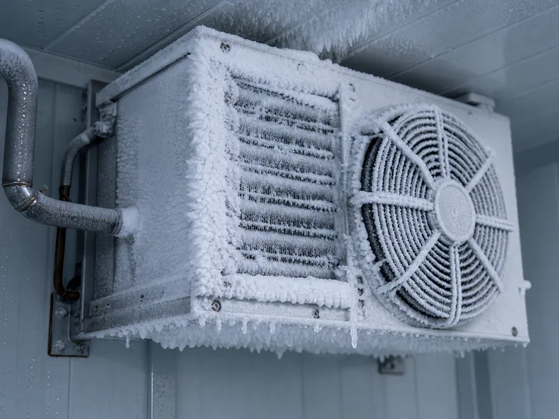 Heavy frost and ice built up on a coolroom evaporator coil